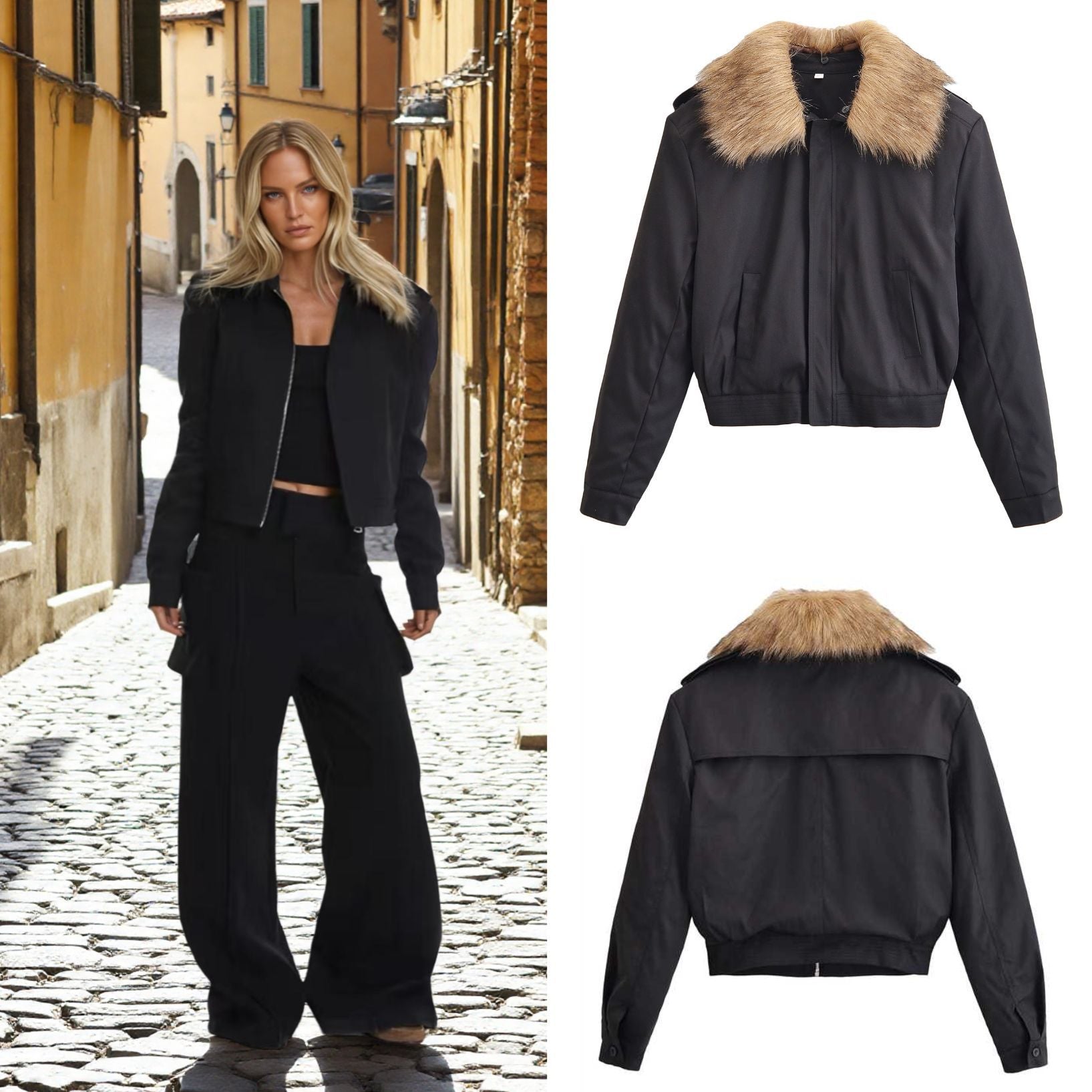 Ladies Short Bomber Jacket with Removable Faux Fur Collar Chichicherry