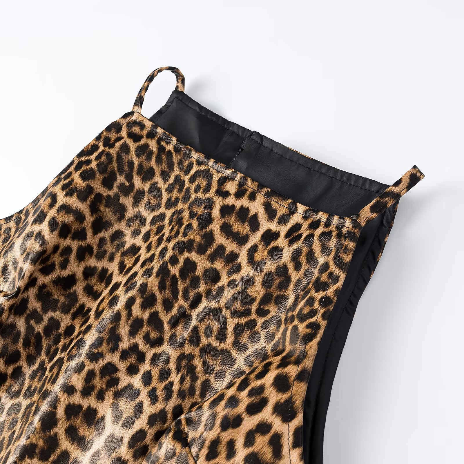 Women's Leopard Mini Dress with Thin Straps and High Neckline Chichicherry