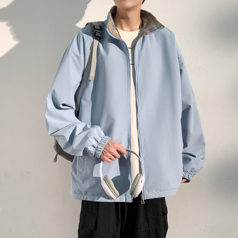 Men's Oversize Utility Transition Jacket with Zipper and Contrasting Checkered Inner Collar Chichicherry