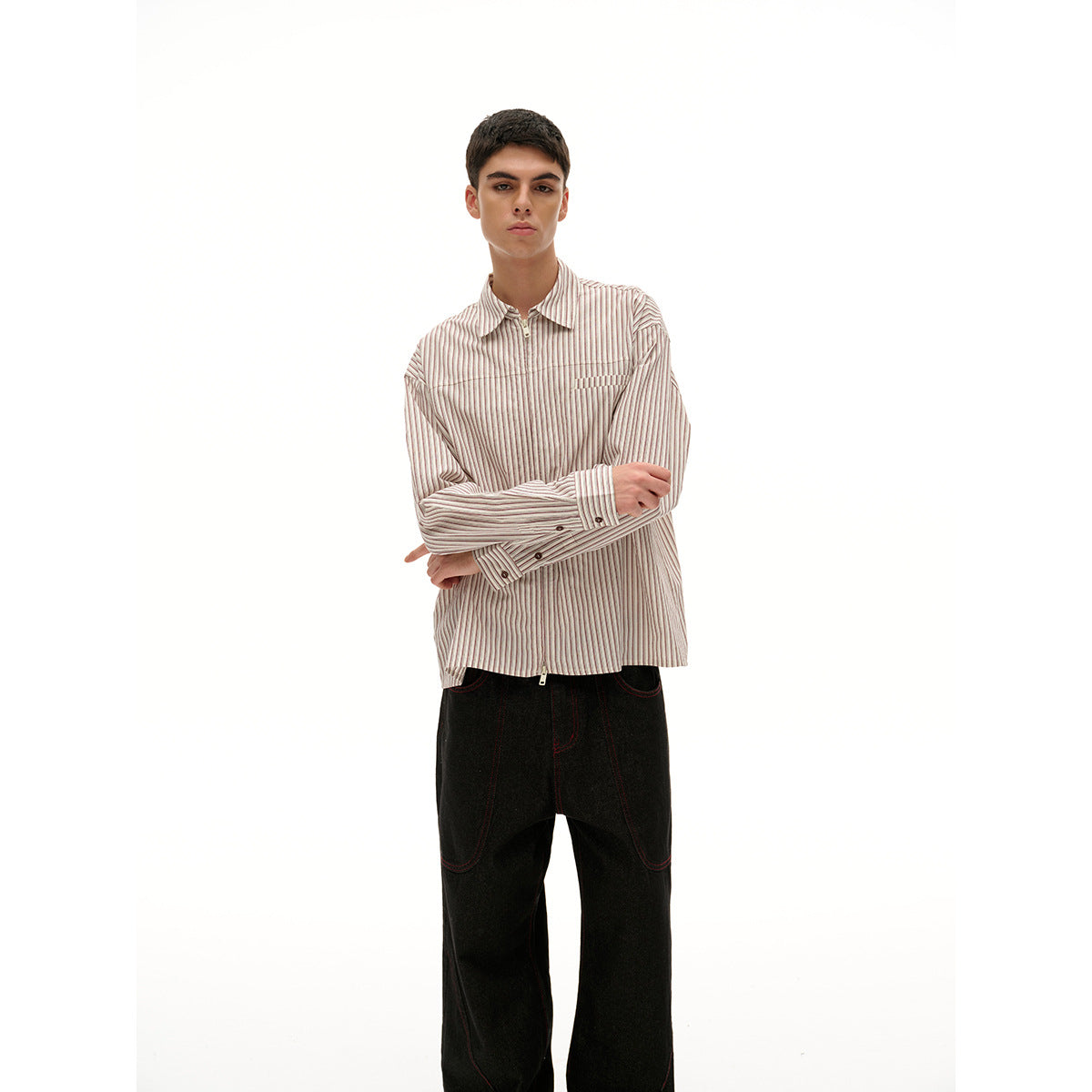 Unisex Lightweight Striped Shirt Jacket with Continuous Zipper and Chest Piped Pocket Chichicherry