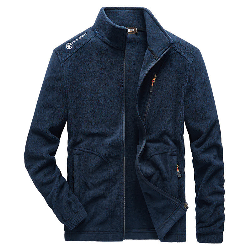 Men's micro fleece outdoor jacket with stand-up collar, full-length zipper, and zip pockets Chichicherry