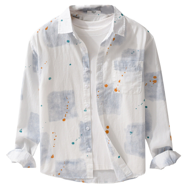 Men's Lightweight Cotton Shirt Relaxed-Fit with Artistic Speckle and Watercolor Patch Print Chichicherry