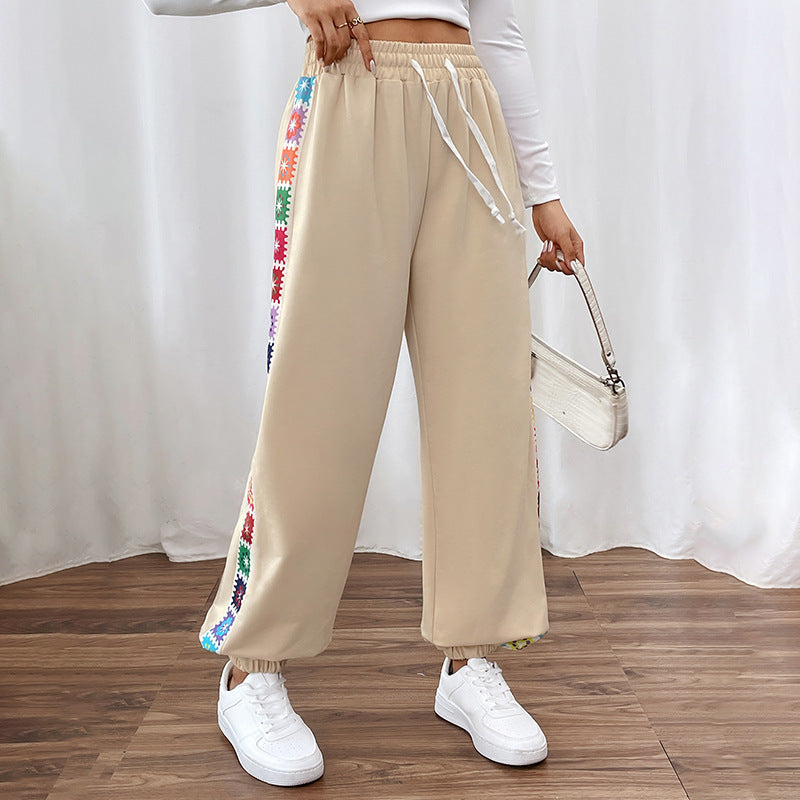 Women Loose Fit Jogging Pants with Elastic Waistband, Drawstring and Colorful Side Stripes Chichicherry
