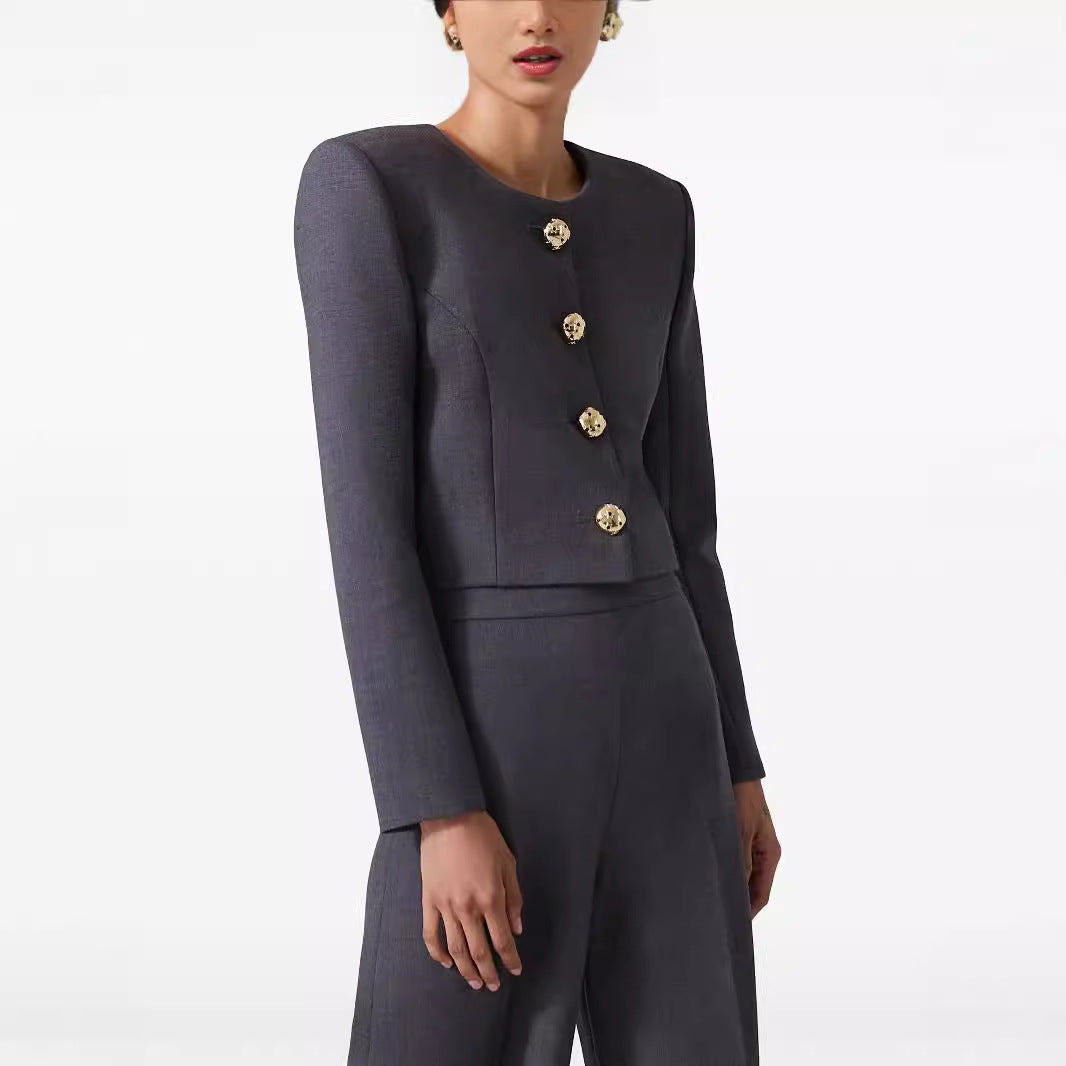 Women's Two-Piece Tailoring Suit Short Blazer with Distinctive Shoulder and High-Waisted Palazzo Pants Chichicherry