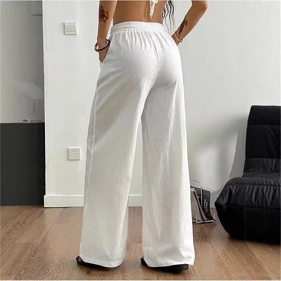 Women Wide Linen Blend Pants with High Elastic Waistband, Drawstring and Side Pockets Chichicherry