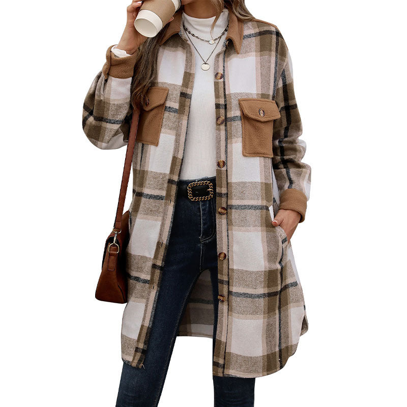 Women's long overshirt jacket in checkered flannel look with patch pockets Chichicherry