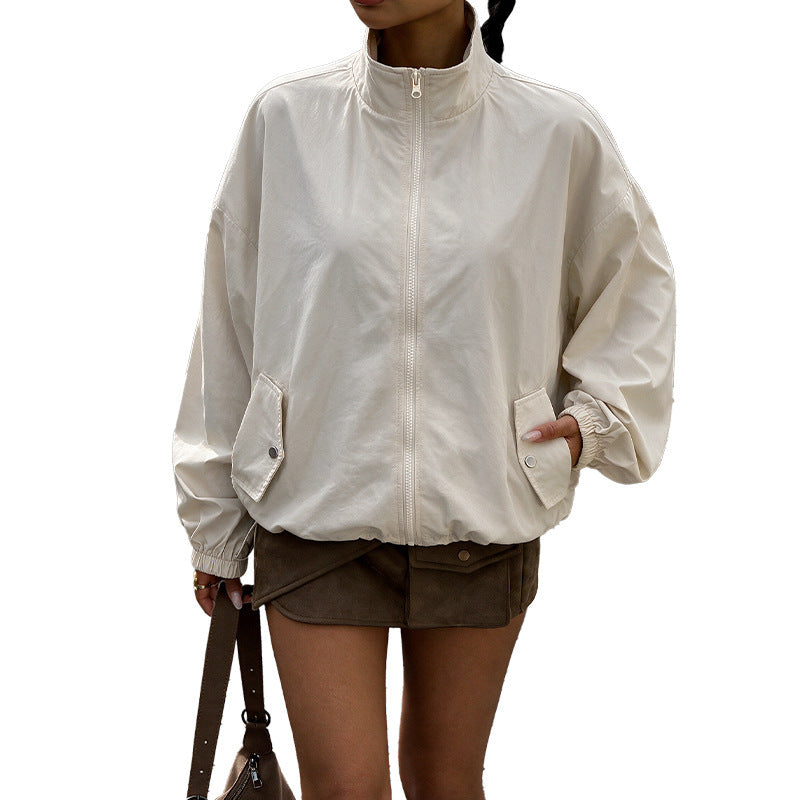 Women's Oversized Wind Jacket with Stand-up Collar, Drawstring and Flap Pockets Chichicherry
