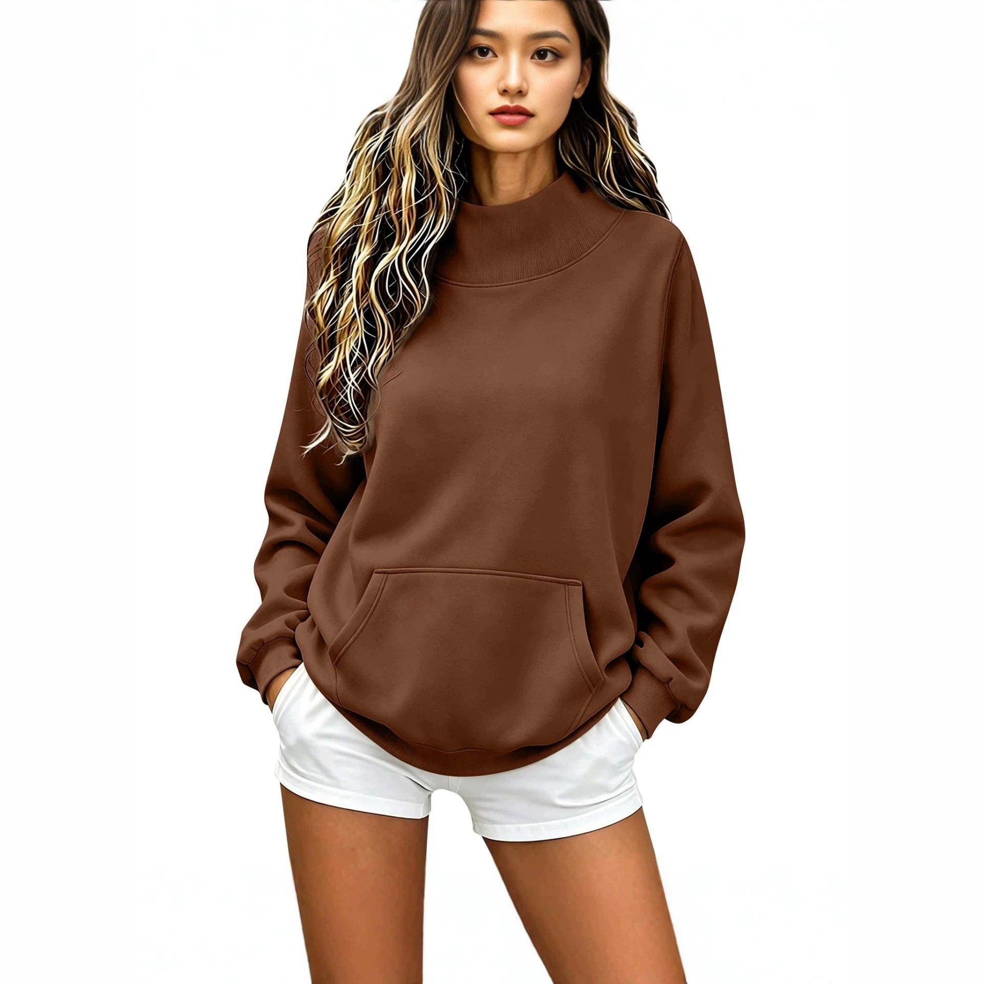 Women Oversize Hoodie with High Roll Neck and Kangaroo Pocket Chichicherry