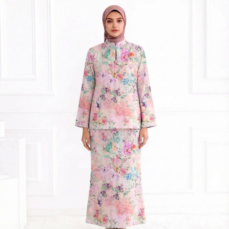 Ladies Two-Piece Modest Set consisting of Tunic with Stand-up Collar and Straight Maxi Skirt with Floral Print Chichicherry