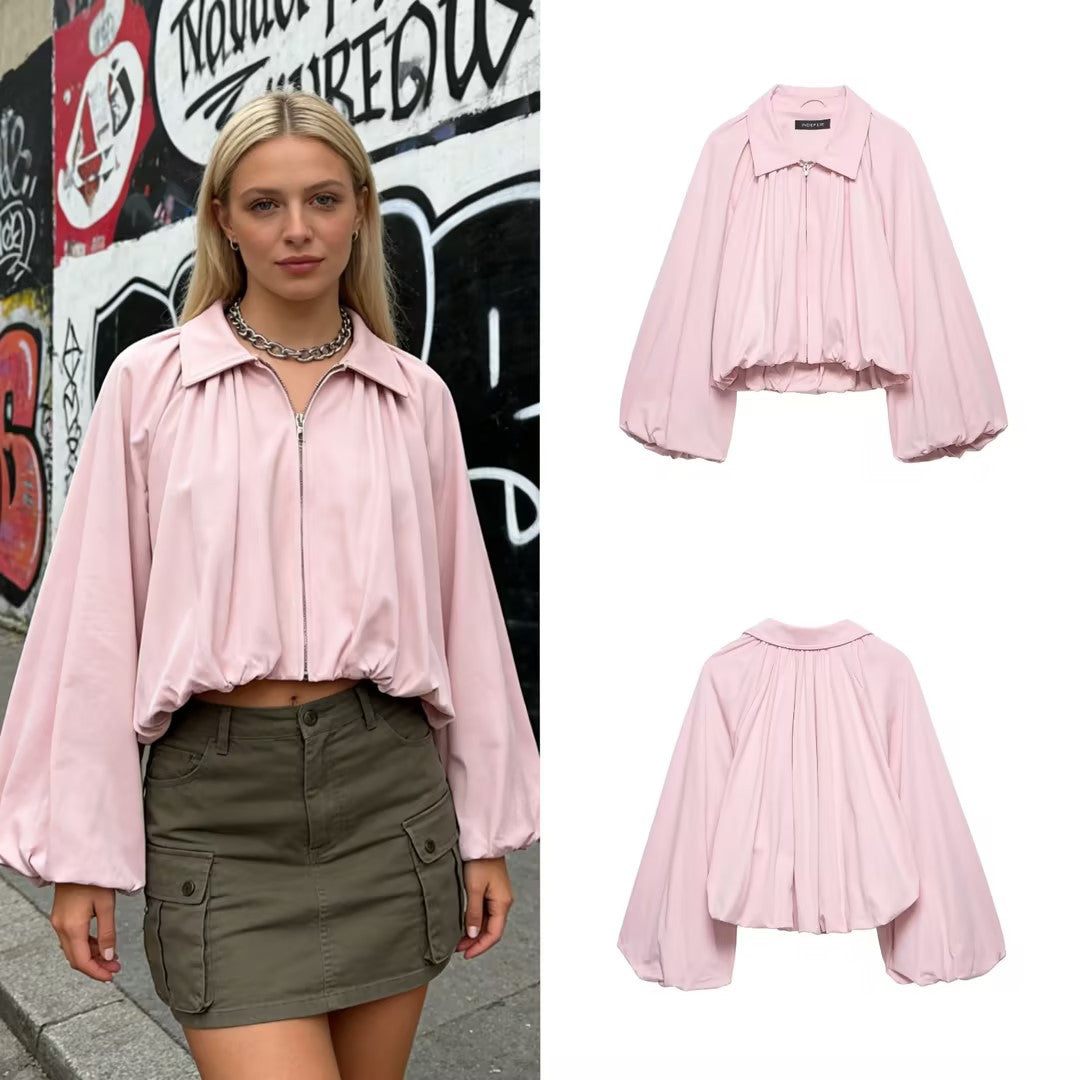 Women's Short Oversized Bomber Jacket with Voluminous Sleeves and Elastic Chichicherry