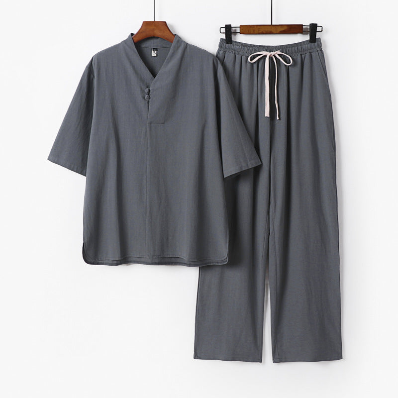 Men's Two-Piece Lightweight Loungewear Set with Stand Collar Short Sleeve Shirt and Drawstring Pants Chichicherry