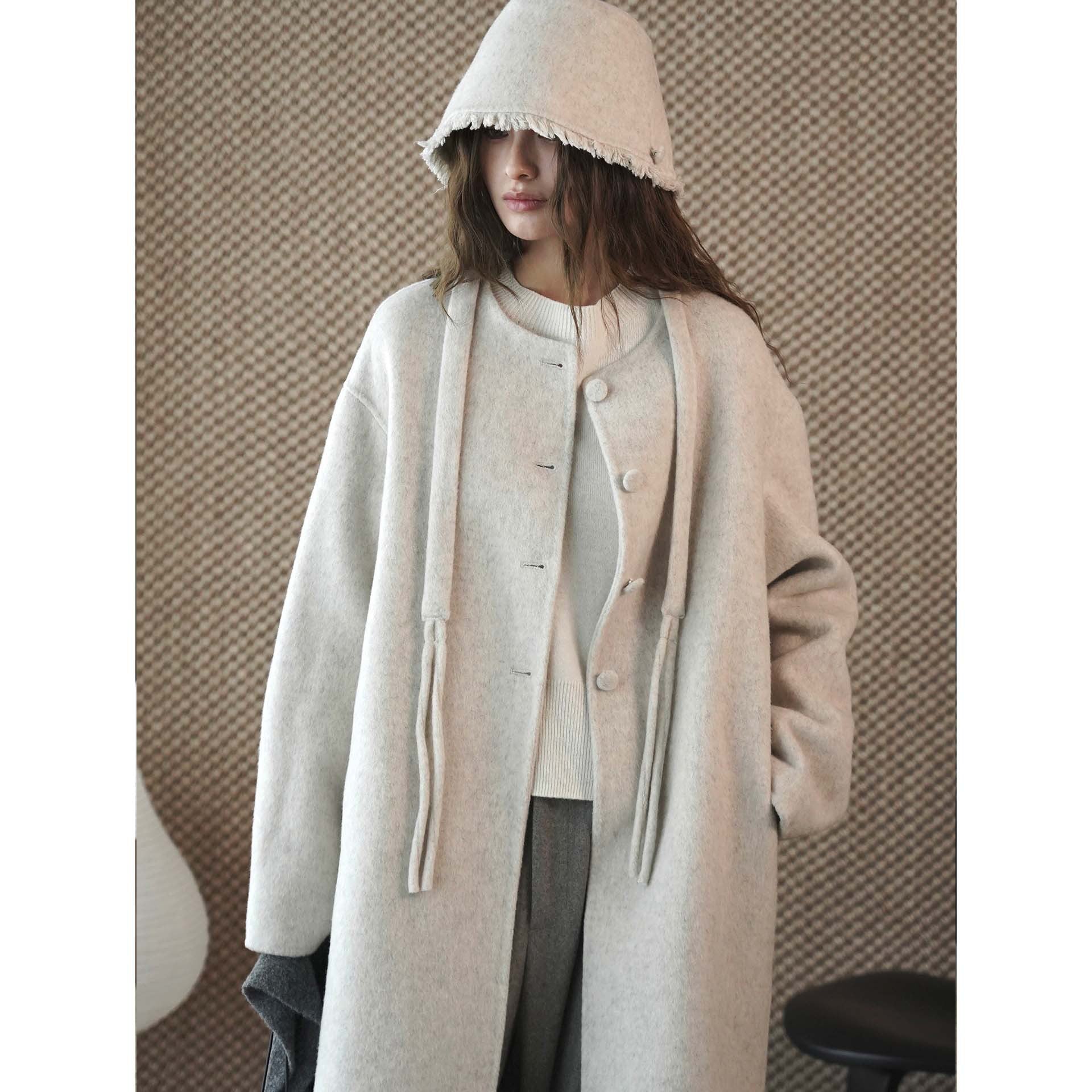 Women Oversize Wool Blend Coat with Concealed Button Placket and Soft Collar Chichicherry