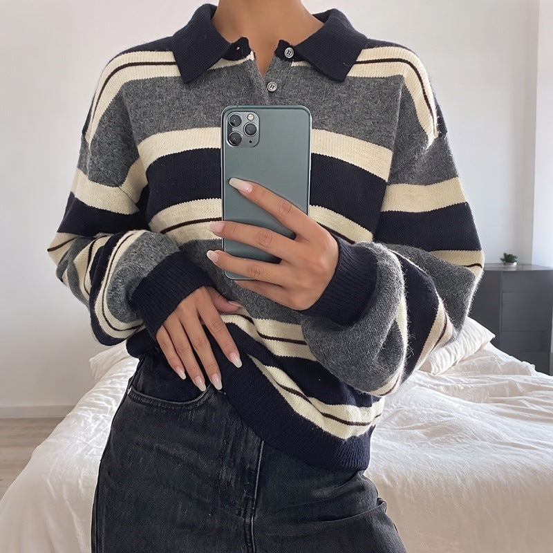 Women’s Oversize Polo Collar Knit Sweater with Striped Pattern and Raglan Sleeves Chichicherry