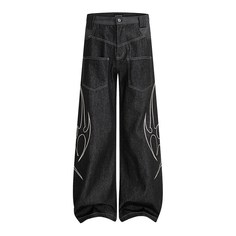 Women's Loose High-Waist Denim Cargo Pants with Flame Embroidery and Patch Pockets Chichicherry