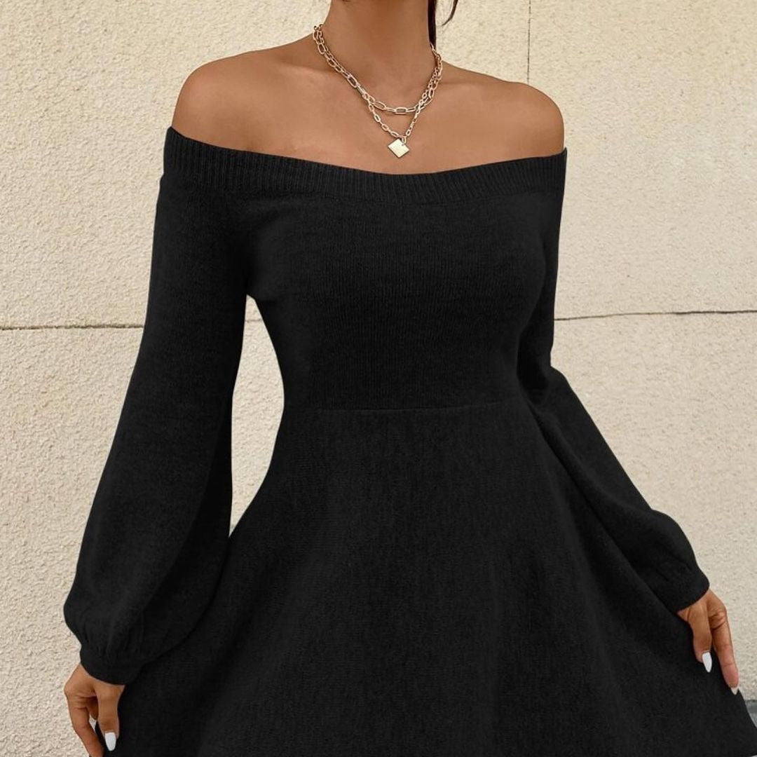 Damen Schulterfreies Feinstrick-Kleid mit taillierter Passform und Ballonärmeln Chichicherry