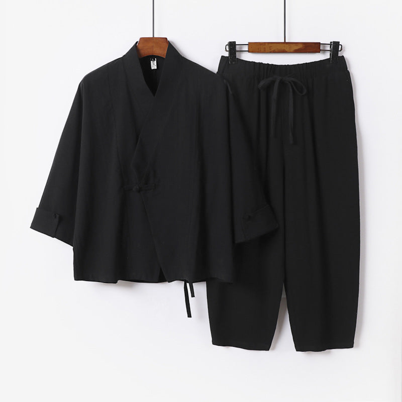 Men's Breathable Linen-Cotton Lounge Set with Asymmetrical V-Neck and Elastic Cord Pants Chichicherry
