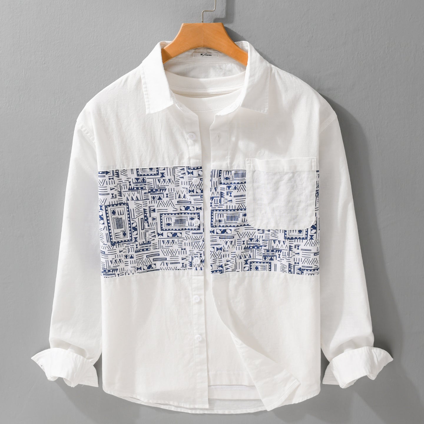 Men's Long Sleeve Shirt with Graphic Chest Panel and Patch Chest Pocket Chichicherry