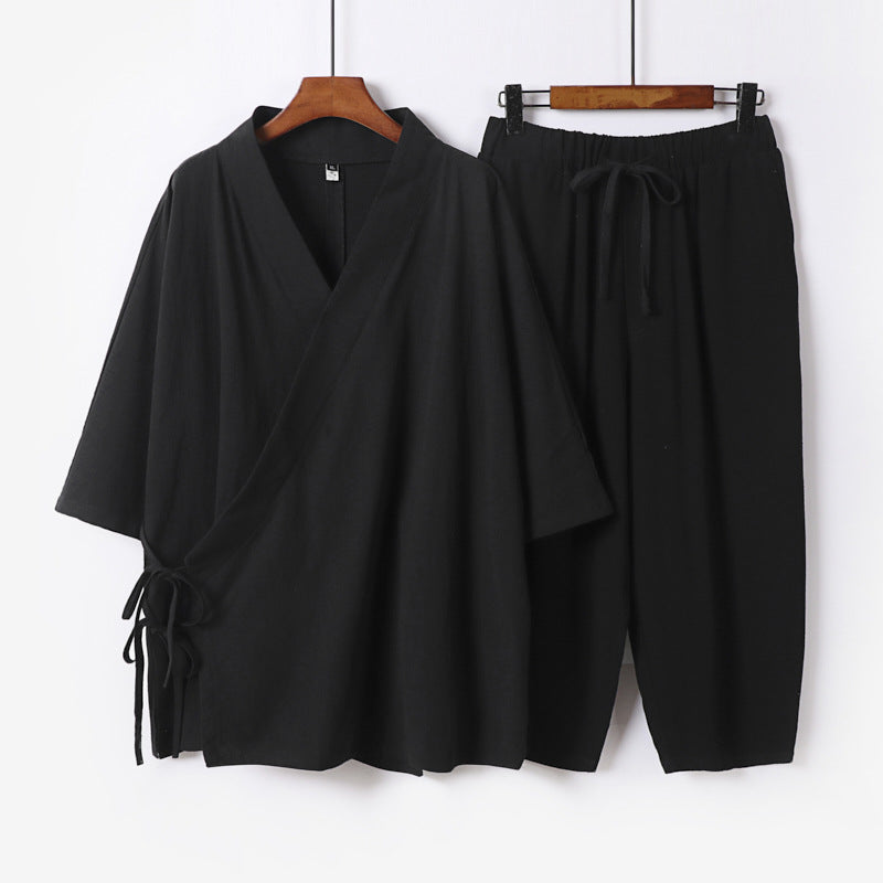 Men's Kimono Loungewear Set with Wrap Top, Drawstring Waist Pants and Loose Fit Chichicherry