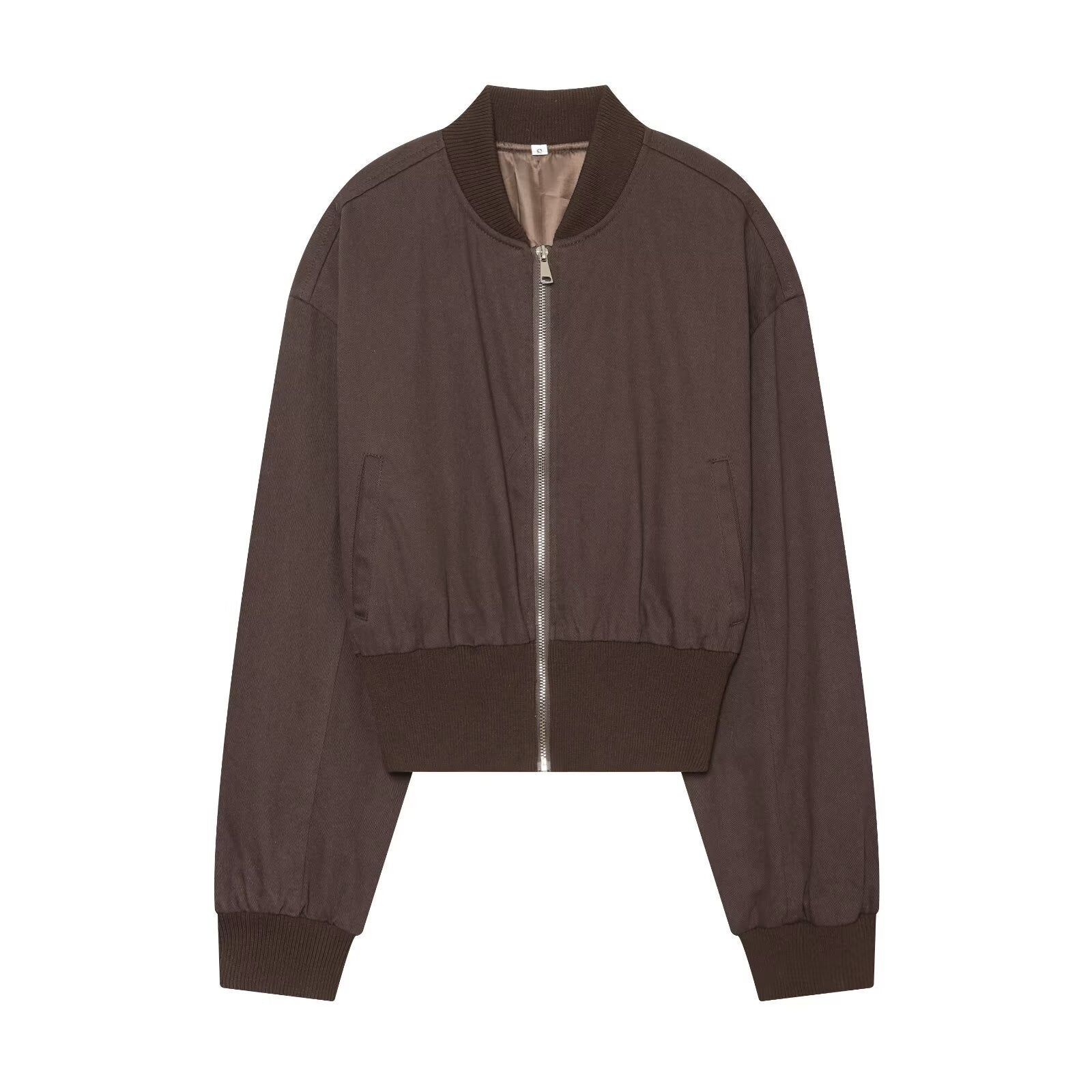 Women's Cropped Bomber Jacket with Wide Ribbed Cuff and Continuous Zipper Chichicherry