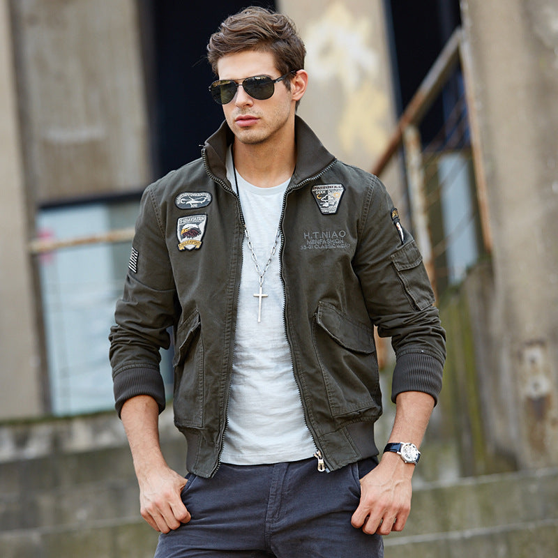 Men's short-cut bomber jacket made of canvas with emblem patches and arm pocket Chichicherry
