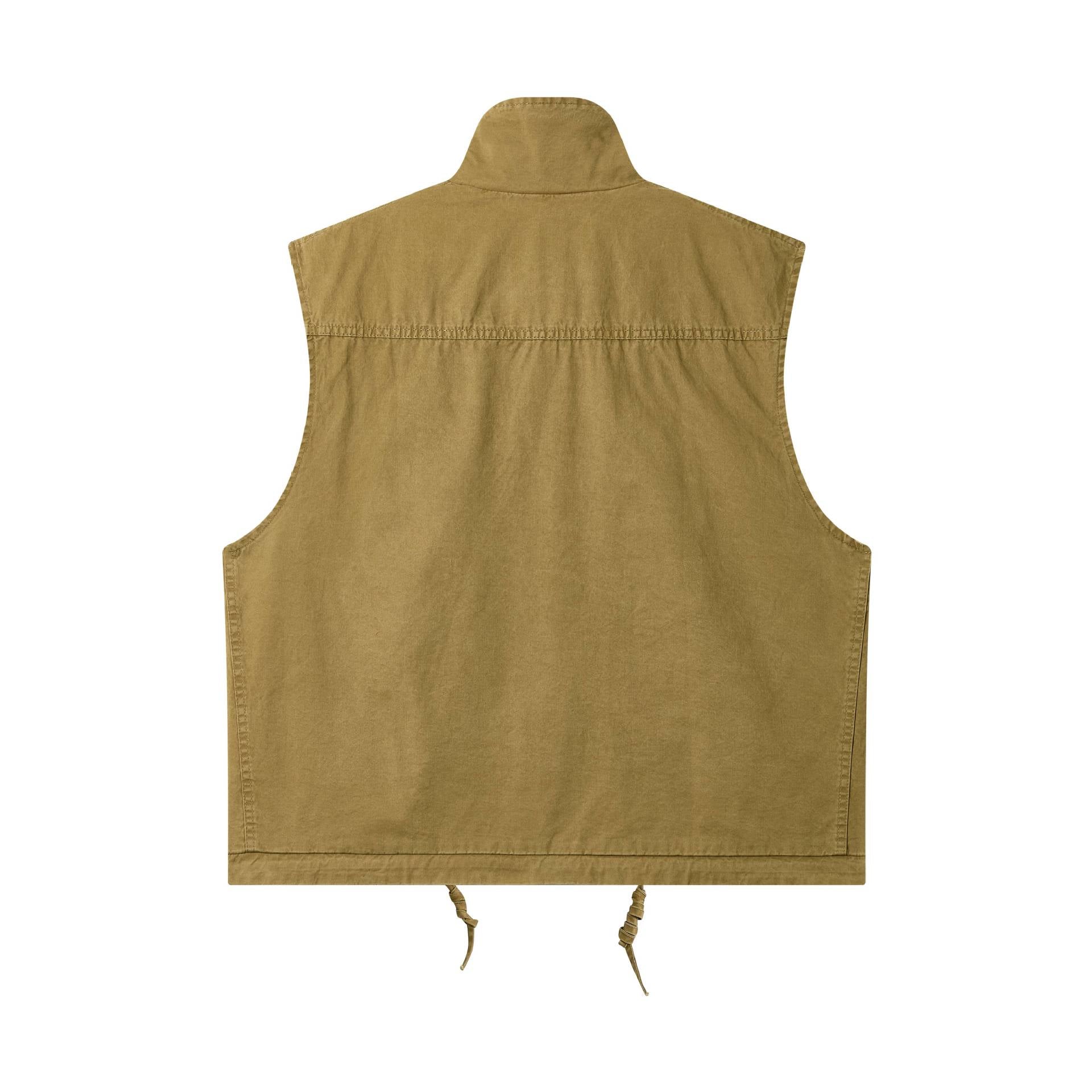 Women's utility vest with stand-up collar, large flap pockets, and drawstring Chichicherry