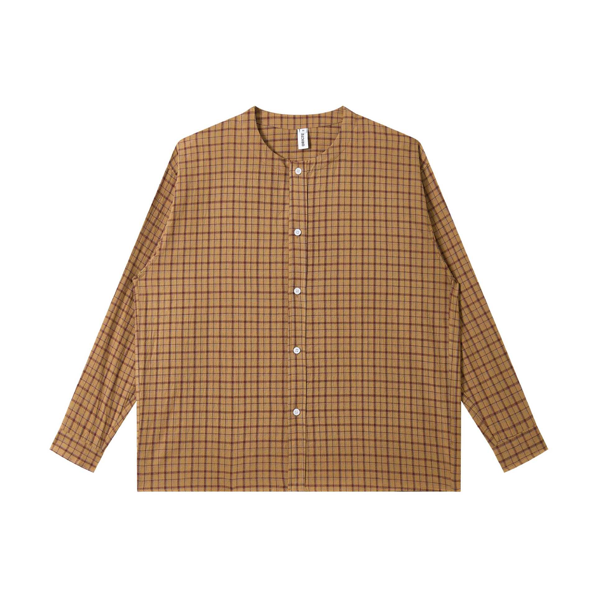 Ladies Oversize Shirt Jacket with Round Collar, Full Button Placket and Checkered Structured Fabric Chichicherry