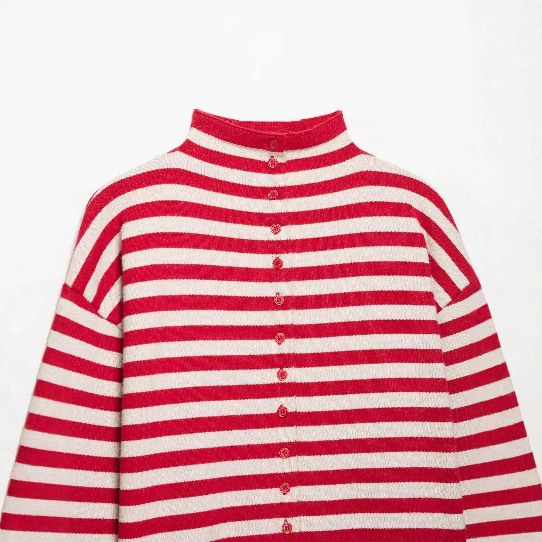 Women Striped Cropped Knitted Cardigan with Stand-up Collar Chichicherry