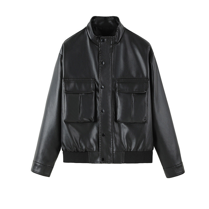 Men's Faux Leather Bomber Jacket with Large Flap Pockets, Stand Collar and Ribbed Hem Chichicherry