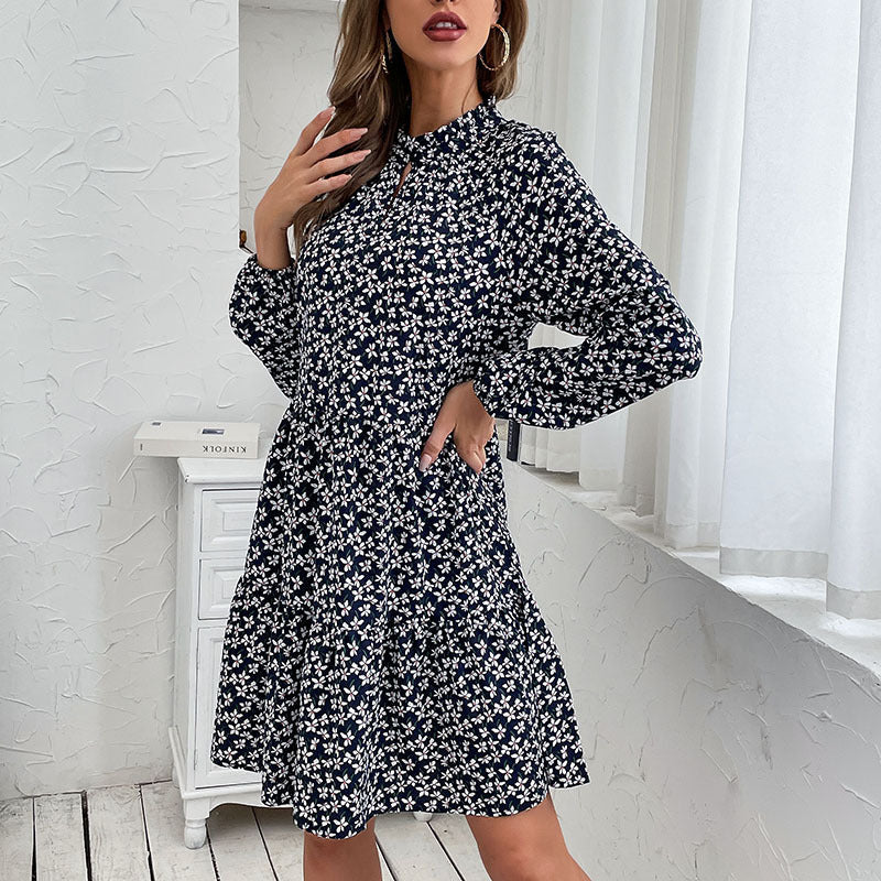 Women Layered Minidress with Stand-up Collar, Floral Print and Fitted A-Line Cut