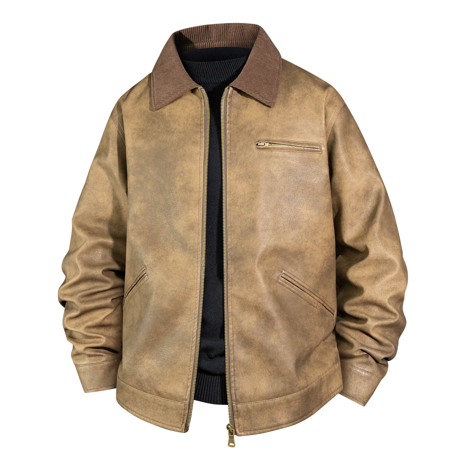 Men's Vintage Leather Bomber Jacket with Ribbed Collar Chichicherry