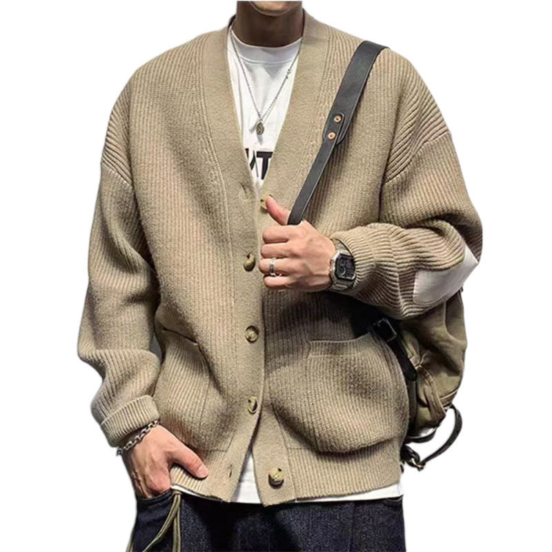 Herren Oversized Strickcardigan mit Ellenbogen-Patches und aufgesetzten Taschen Chichicherry