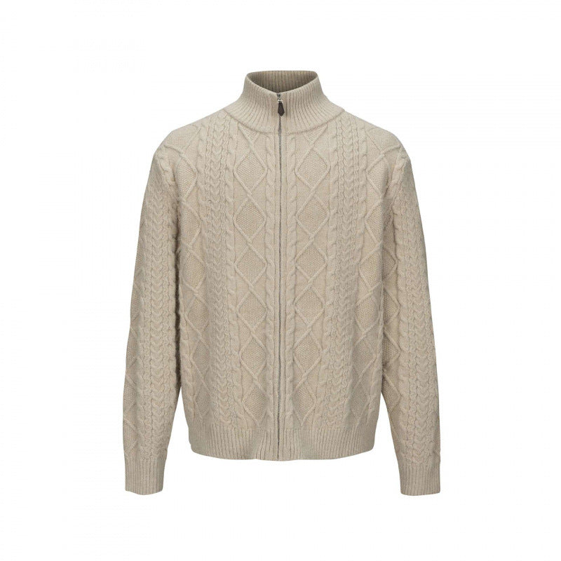 Men's Cable Knit Cardigan with Full Zip and High Ribbed Collar Chichicherry