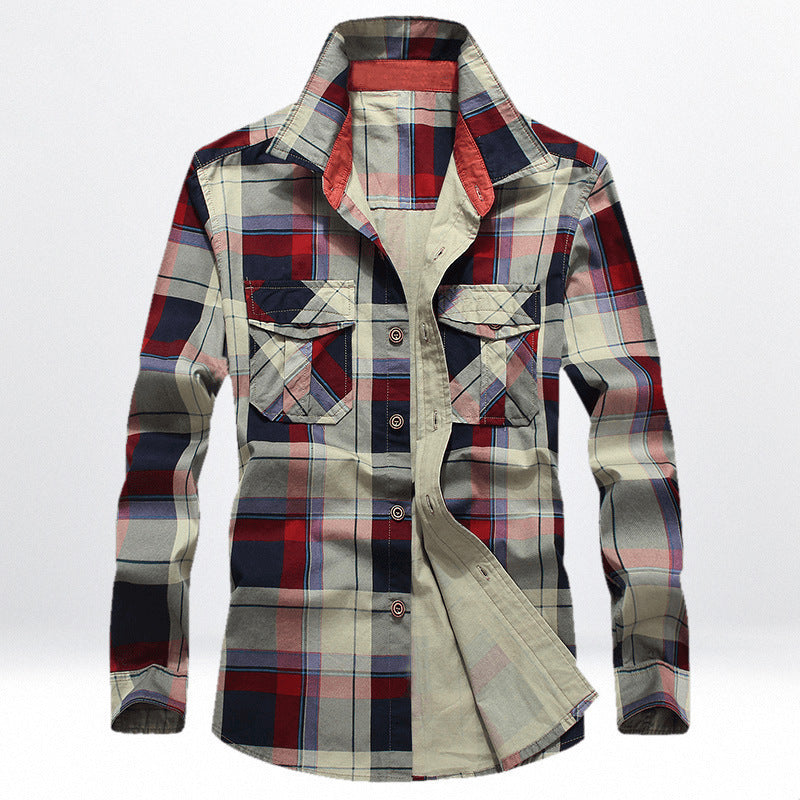 Men's Checked Cotton Work Shirt with Chest Flap Pockets and Contrasting Inner Collar Chichicherry