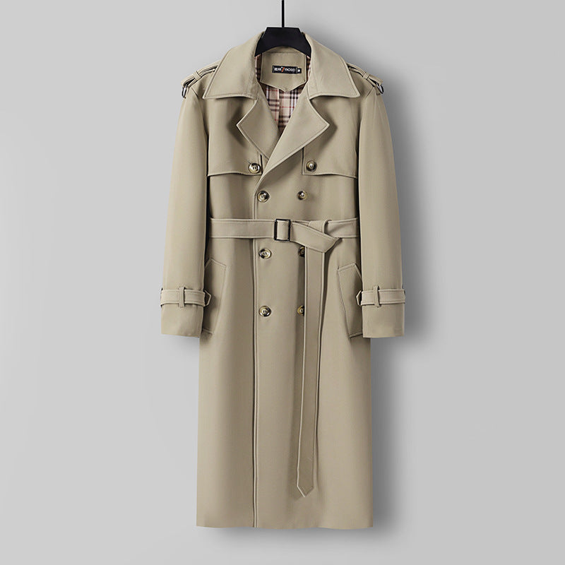 Women Elegant long cut wool blend trench coat with double-breasted button placket and belt Chichicherry