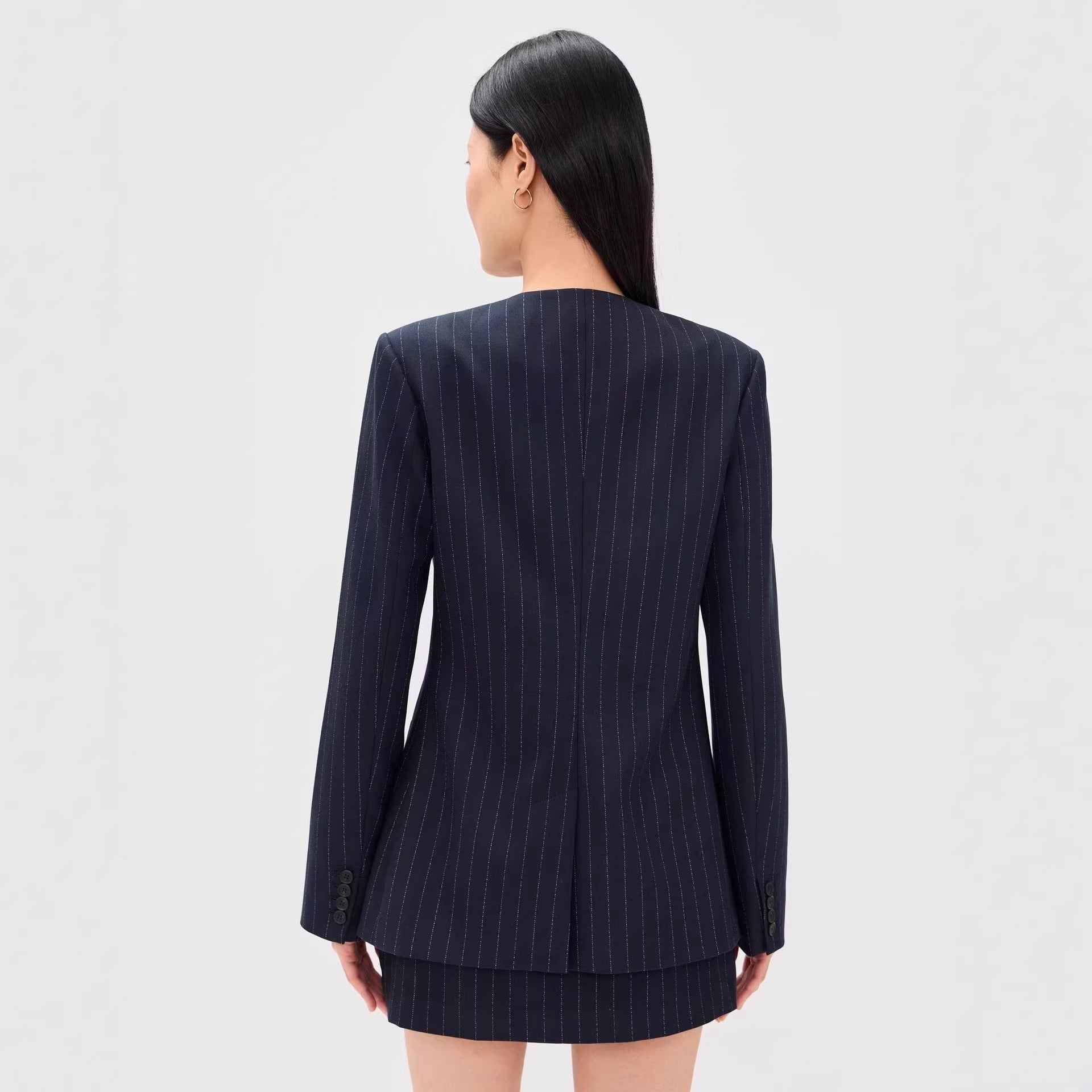 Women Two-Piece Pinstripe Tailoring Set with Collarless Blazer and High-Cut Mini Skirt Chichicherry