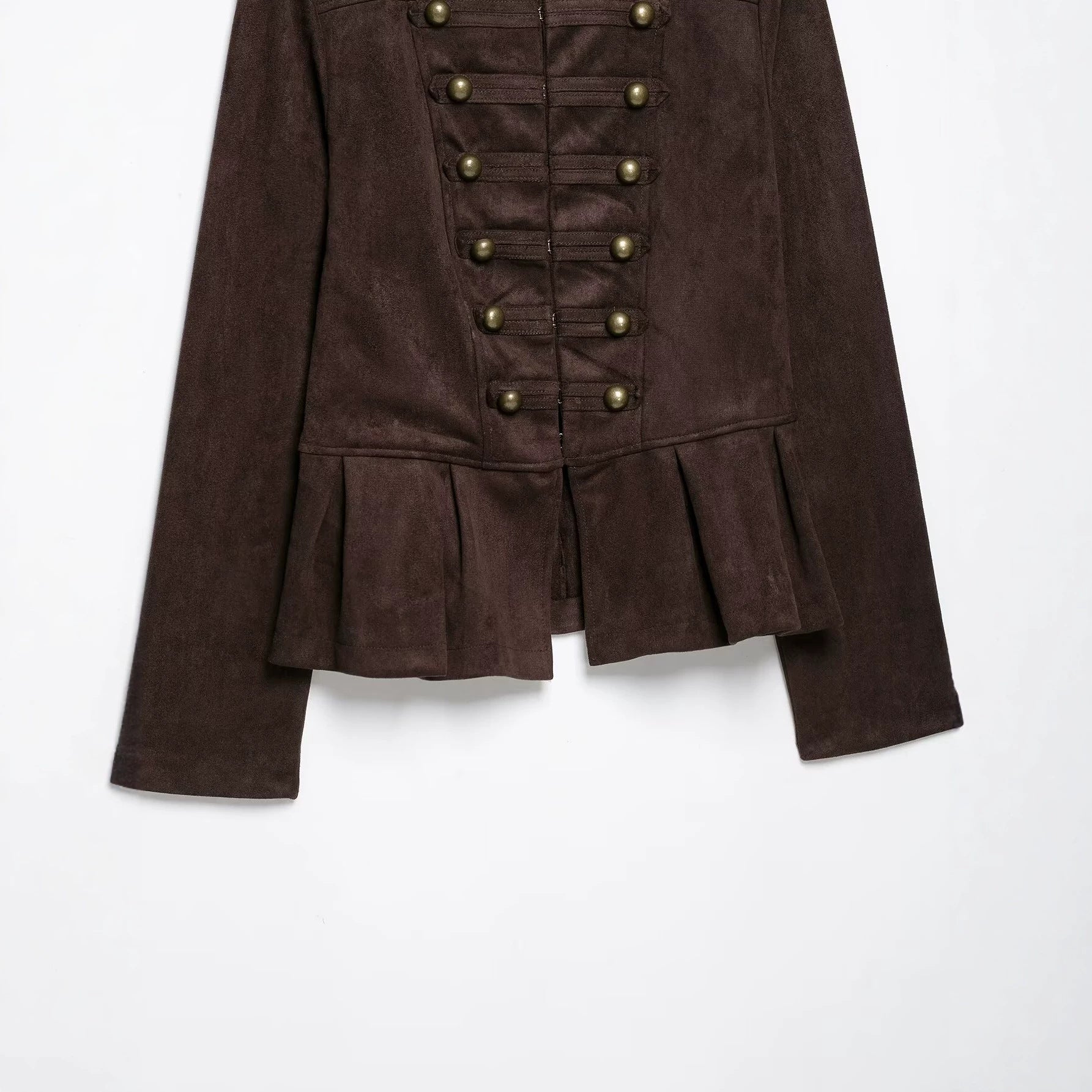 Ladies tailored jacket in musketeer style made of suede look with decorative button placket and shoulder straps Chichicherry
