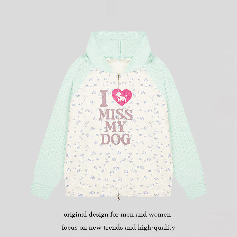 Women's hoodie cardigan with full zip, ribbed sleeves, and dog statement print Chichicherry