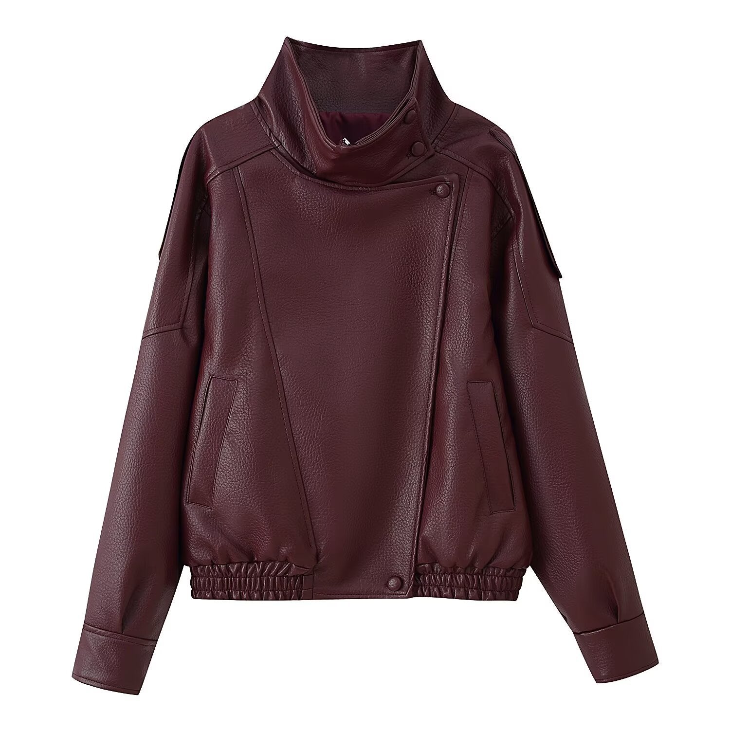 Women's Short Cut Faux Leather Bomber Jacket with High Stand Collar, Asymmetric Snap Button Placket and Elastic Hem Chichicherry