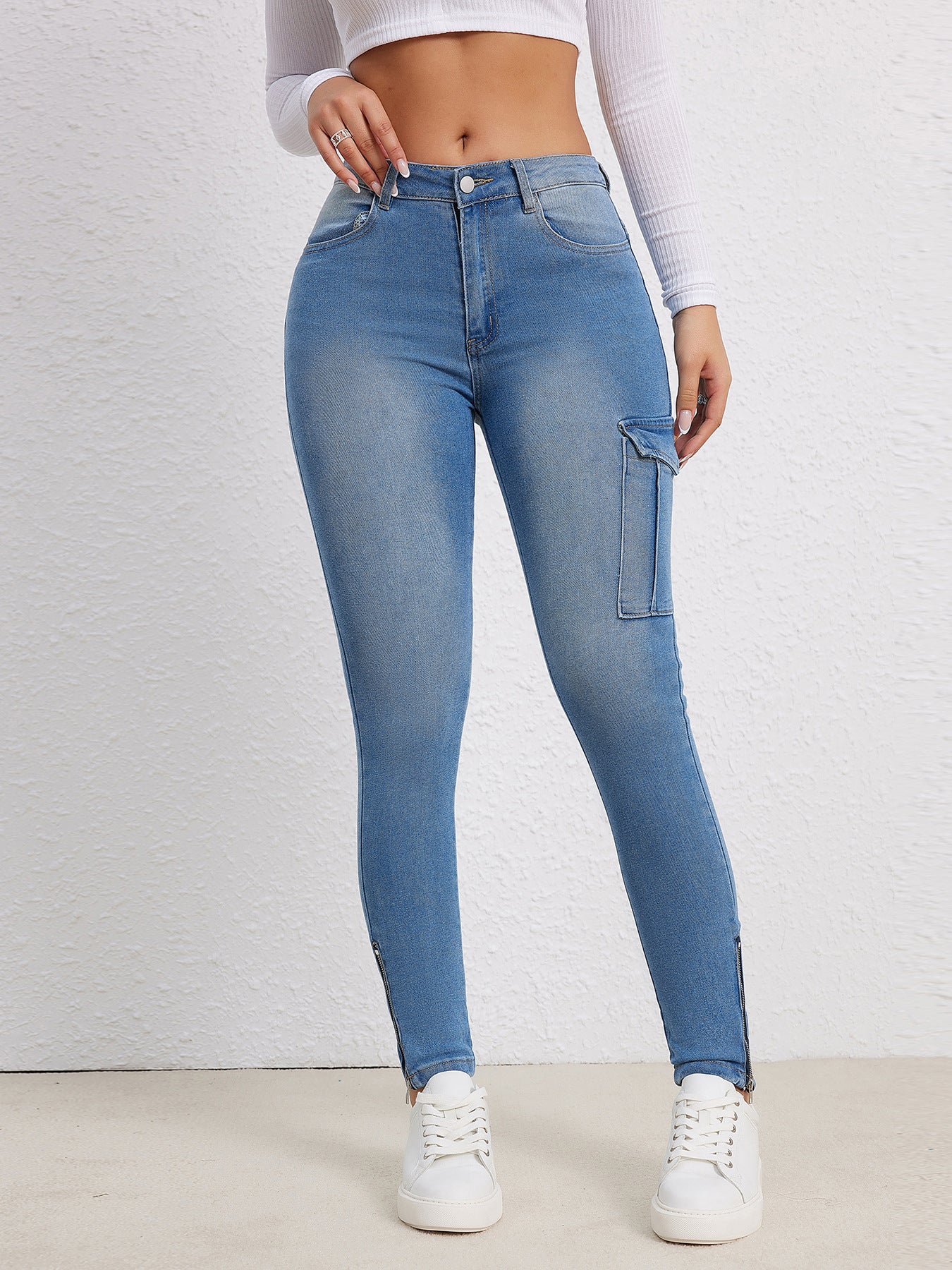 Women's High-Waisted Superstretch Skinny Jeans with Cargo Pocket and Ankle Zippers Chichicherry