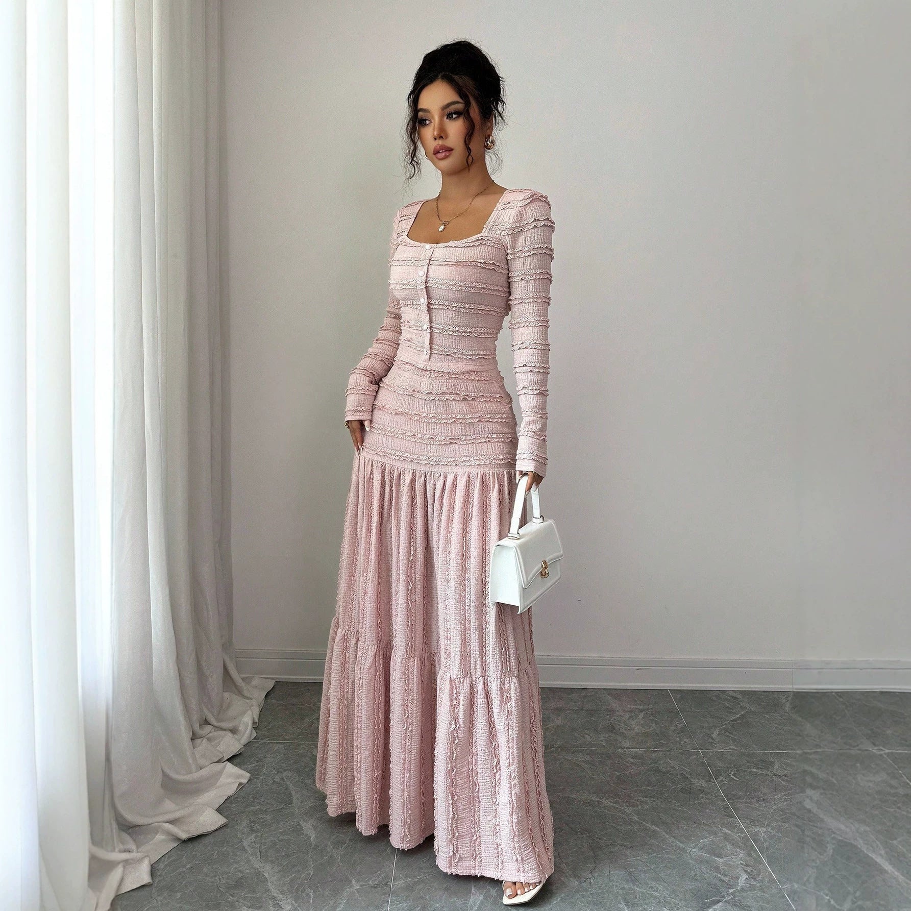 Women's Figure-Hugging Ruffle Maxi Dress with Square Neckline and Button Placket Chichicherry