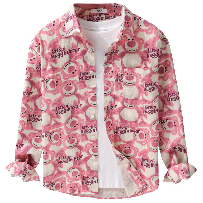 Men's Casual Loose-Fit Shirt with Full Button Placket, Chest Pocket, and Playful Allover Bear Print Chichicherry