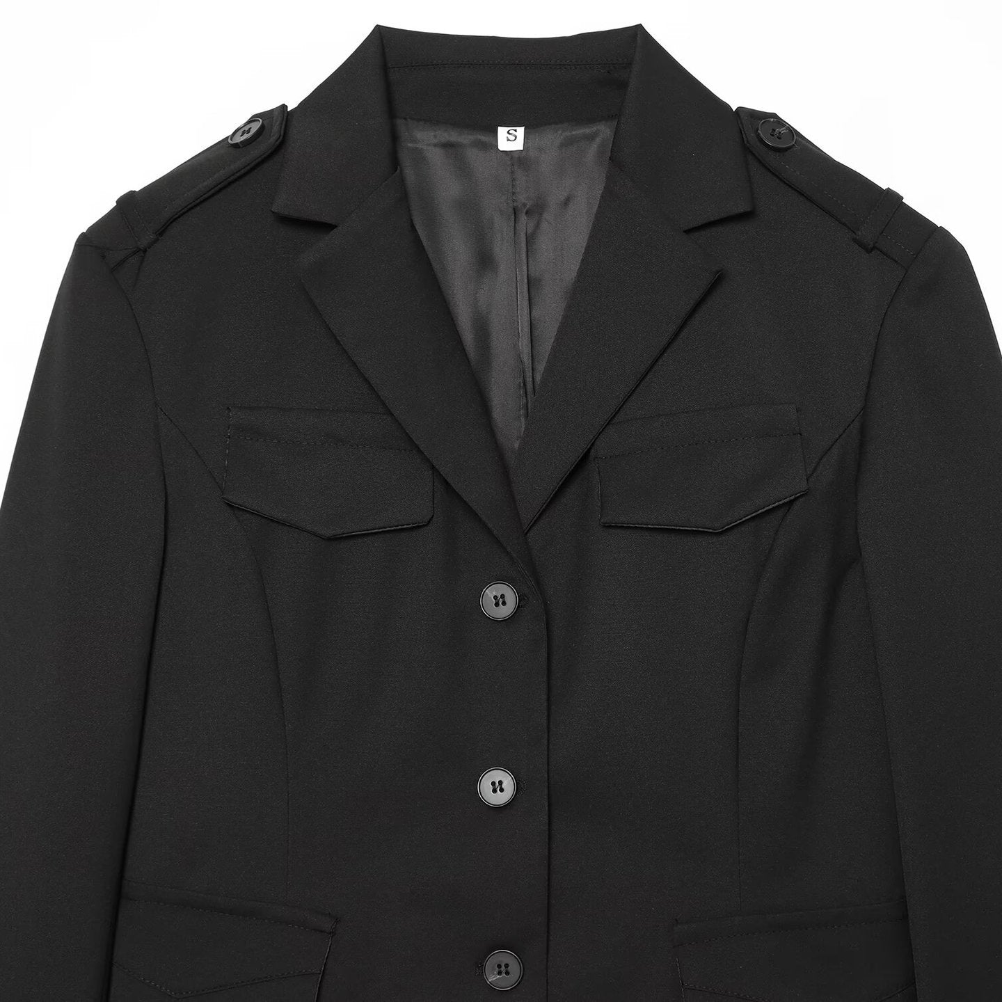 Women's Cropped Military-inspired Short Blazer with Shoulder Pads and Flap Pockets Chichicherry