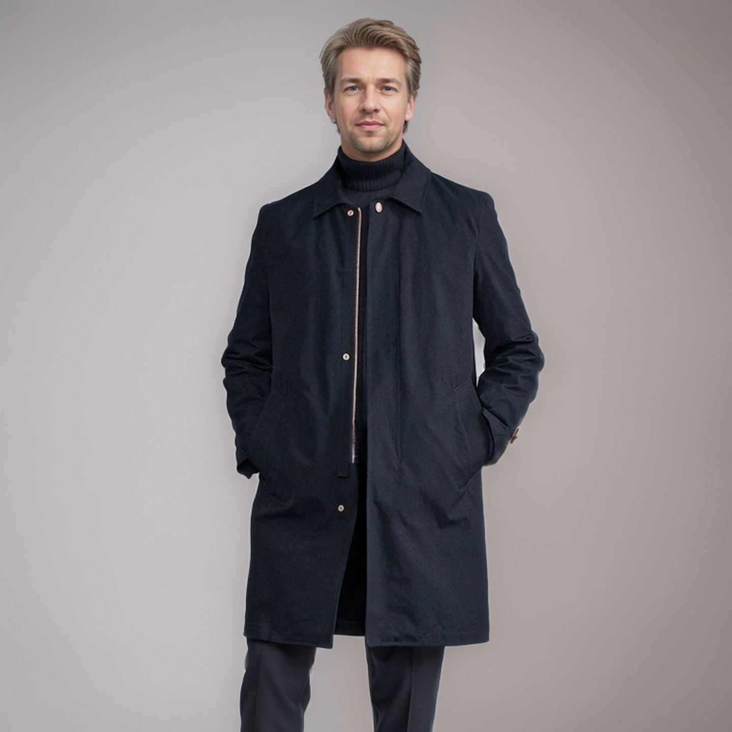 Men's Mid-Length Single-Breasted Coat with Concealed Button Placket and Tailored Silhouette Chichicherry