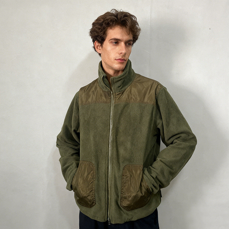 Men's fleece jacket with stand-up collar, two-material panel and zipper Chichicherry
