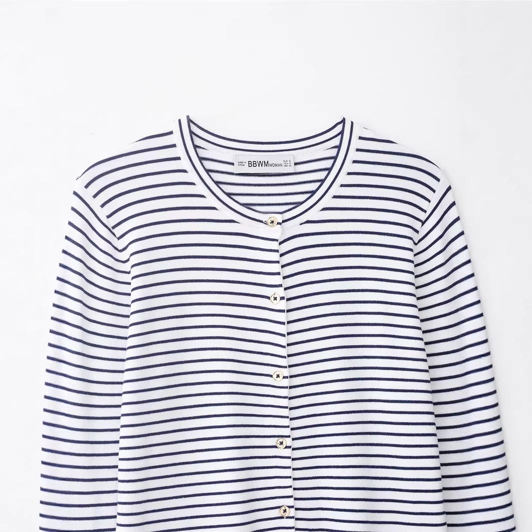Women's fine knit cardigan with nautical striped pattern, round neckline and mother-of-pearl button placket Chichicherry