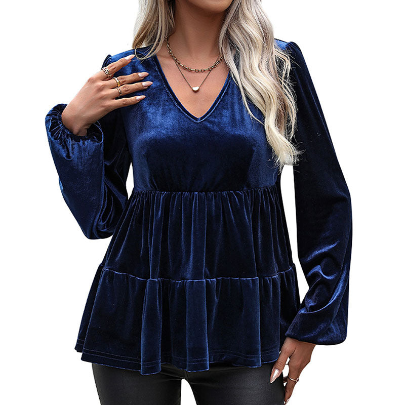Women's velvet tunic with V-neck, tiered skirt look and balloon sleeves Chichicherry