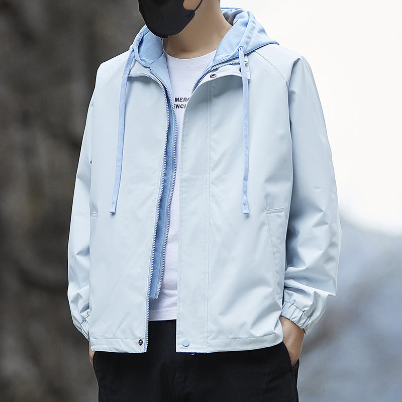 Men's Lightweight Hooded Rain Jacket in Bomber Style with Concealed Zipper and Elastic Cuffs Chichicherry