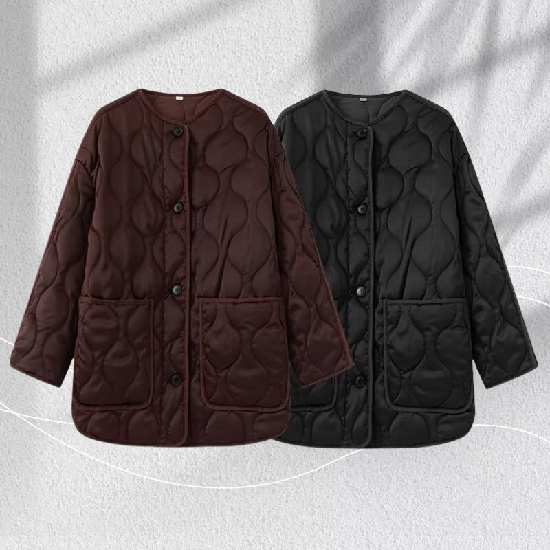 Women Longline Quilted Jacket with Round Neck, Button Placket and Patch Pockets Chichicherry