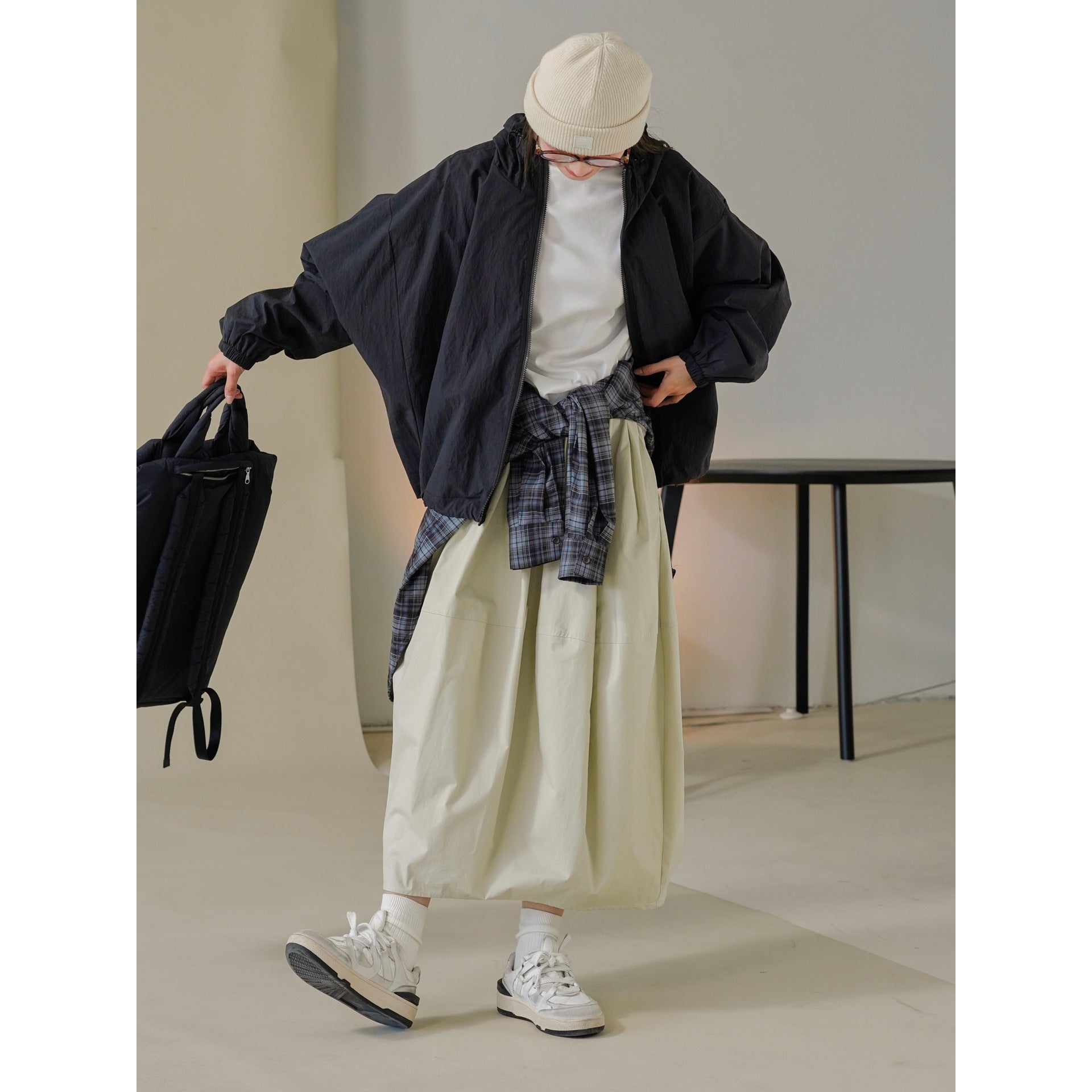 Women's Wide Flared High-Waist Midi Skirt made of Cotton Twill with Elastic Waistband Chichicherry