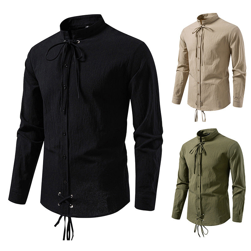 Men's Tailored Long Sleeve Shirt with Stand-Up Collar and Decorative Lacing Chichicherry
